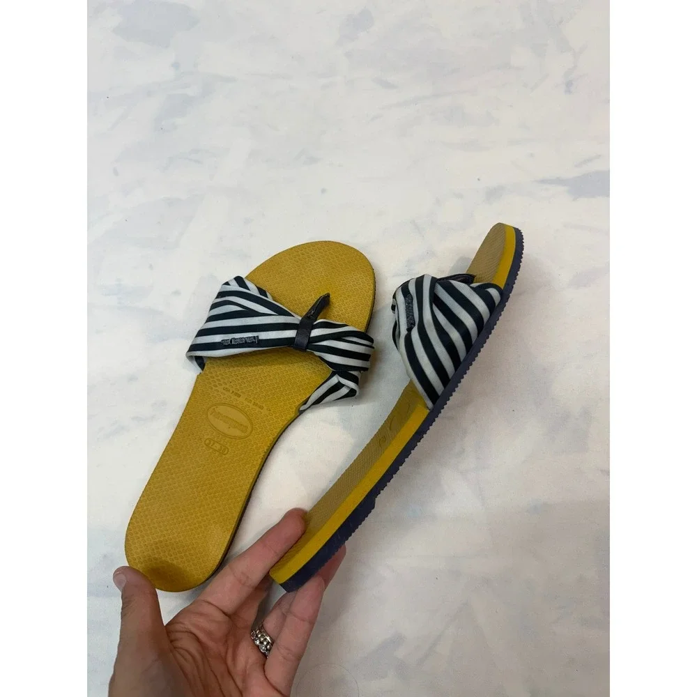 HAVAIANAS Womens 37-38 Yellow Black White Stripe Bow Flip Flop Thong Sandal